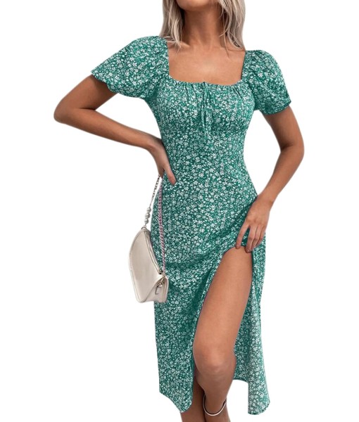 SPRIME Women's Floral Summer Casual Dress Square Neck Puff Sleeve Boho Midi Dresses Ruched Bust High Waist Split Long Dress