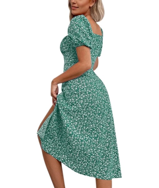 SPRIME Women's Floral Summer Casual Dress Square Neck Puff Sleeve Boho Midi Dresses Ruched Bust High Waist Split Long Dress