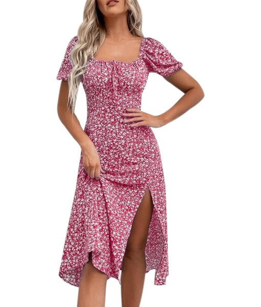 SPRIME Women's Floral Summer Casual Dress Square Neck Puff Sleeve Boho Midi Dresses Ruched Bust High Waist Split Long Dress