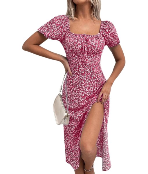 SPRIME Women's Floral Summer Casual Dress Square Neck Puff Sleeve Boho Midi Dresses Ruched Bust High Waist Split Long Dress
