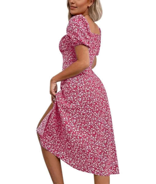 SPRIME Women's Floral Summer Casual Dress Square Neck Puff Sleeve Boho Midi Dresses Ruched Bust High Waist Split Long Dress