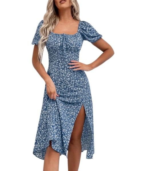 SPRIME Women's Floral Summer Casual Dress Square Neck Puff Sleeve Boho Midi Dresses Ruched Bust High Waist Split Long Dress