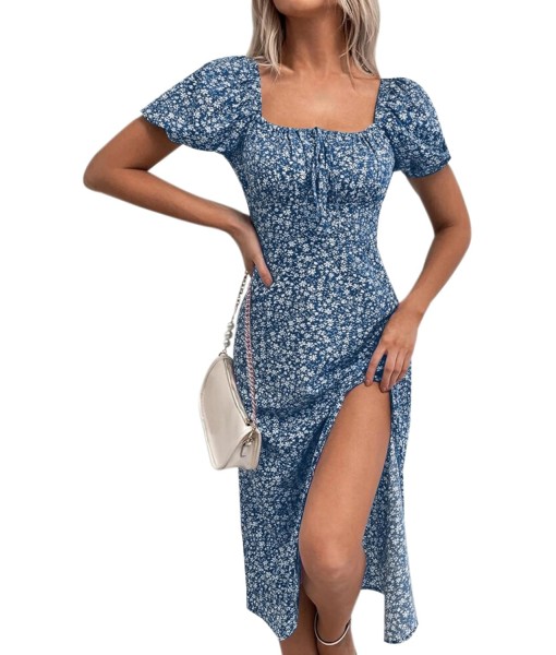 SPRIME Women's Floral Summer Casual Dress Square Neck Puff Sleeve Boho Midi Dresses Ruched Bust High Waist Split Long Dress
