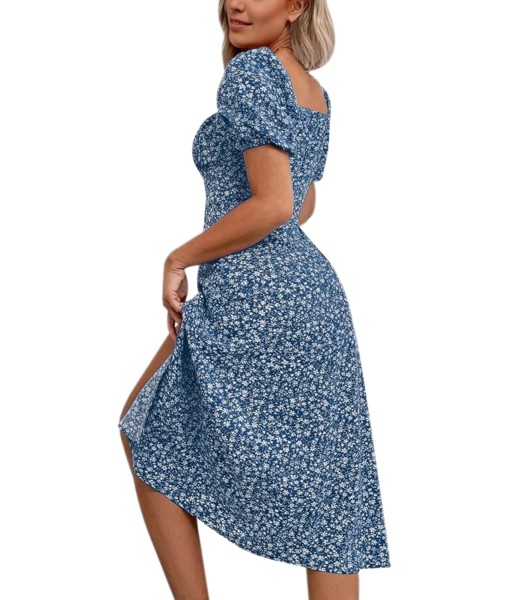 SPRIME Women's Floral Summer Casual Dress Square Neck Puff Sleeve Boho Midi Dresses Ruched Bust High Waist Split Long Dress