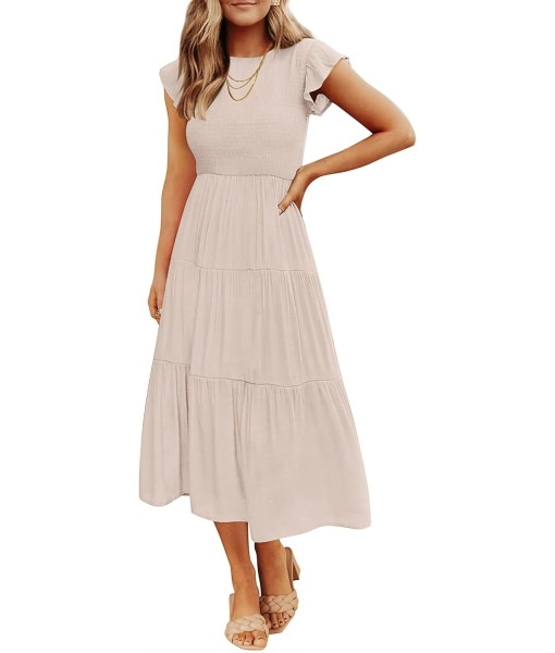 ZESICA Women's 2025 Summer Casual Flutter Short Sleeve Crew Neck Smocked Elastic Waist Tiered Midi Dress