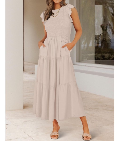 ZESICA Women's 2025 Summer Casual Flutter Short Sleeve Crew Neck Smocked Elastic Waist Tiered Midi Dress