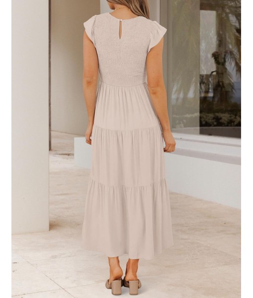 ZESICA Women's 2025 Summer Casual Flutter Short Sleeve Crew Neck Smocked Elastic Waist Tiered Midi Dress