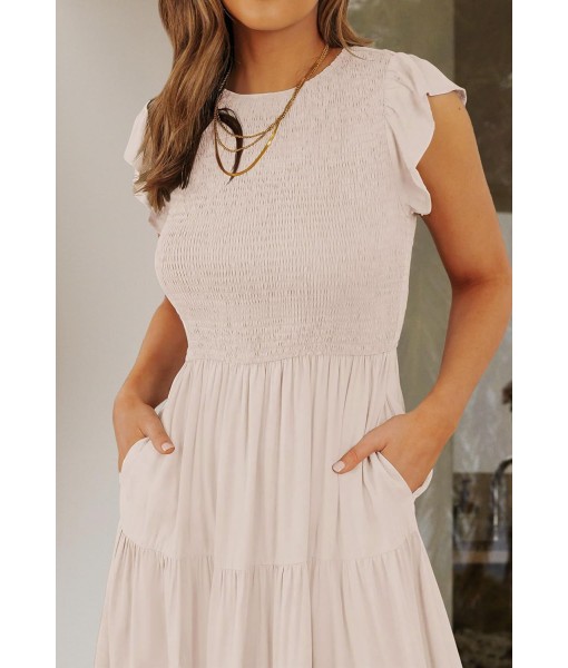 ZESICA Women's 2025 Summer Casual Flutter Short Sleeve Crew Neck Smocked Elastic Waist Tiered Midi Dress