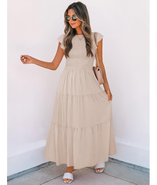 ZESICA Women's 2025 Summer Casual Flutter Short Sleeve Crew Neck Smocked Elastic Waist Tiered Midi Dress