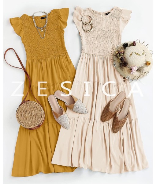 ZESICA Women's 2025 Summer Casual Flutter Short Sleeve Crew Neck Smocked Elastic Waist Tiered Midi Dress