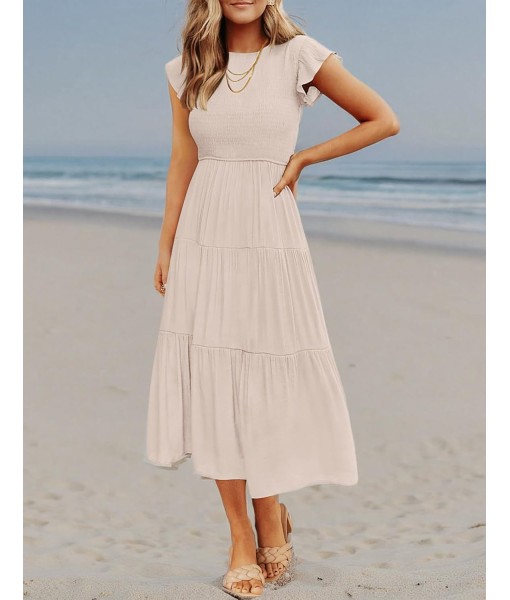 ZESICA Women's 2025 Summer Casual Flutter Short Sleeve Crew Neck Smocked Elastic Waist Tiered Midi Dress