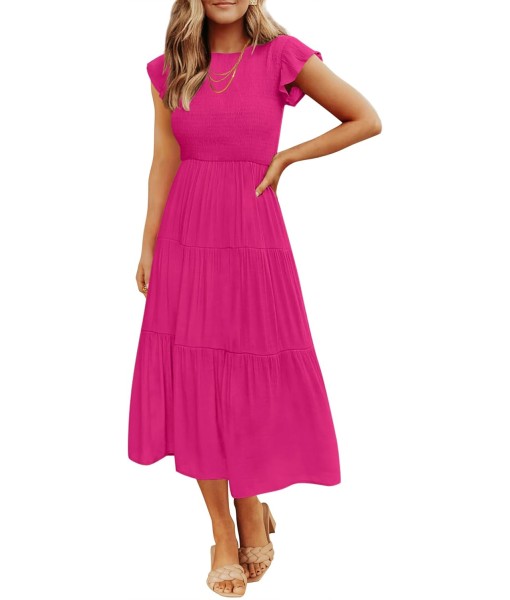 ZESICA Women's 2025 Summer Casual Flutter Short Sleeve Crew Neck Smocked Elastic Waist Tiered Midi Dress