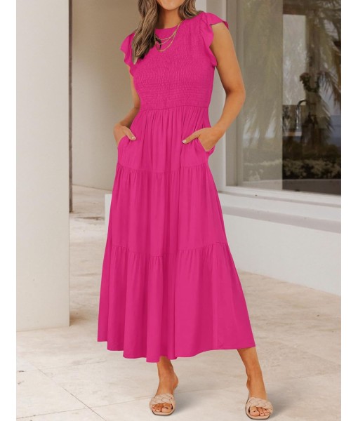 ZESICA Women's 2025 Summer Casual Flutter Short Sleeve Crew Neck Smocked Elastic Waist Tiered Midi Dress