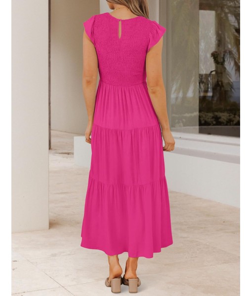 ZESICA Women's 2025 Summer Casual Flutter Short Sleeve Crew Neck Smocked Elastic Waist Tiered Midi Dress