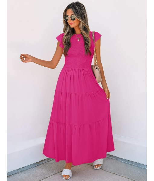 ZESICA Women's 2025 Summer Casual Flutter Short Sleeve Crew Neck Smocked Elastic Waist Tiered Midi Dress