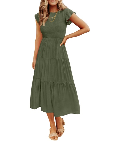 ZESICA Women's 2025 Summer Casual Flutter Short Sleeve Crew Neck Smocked Elastic Waist Tiered Midi Dress
