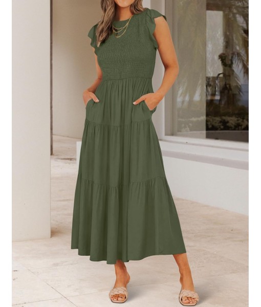 ZESICA Women's 2025 Summer Casual Flutter Short Sleeve Crew Neck Smocked Elastic Waist Tiered Midi Dress