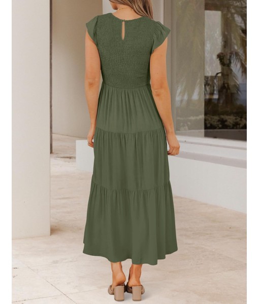 ZESICA Women's 2025 Summer Casual Flutter Short Sleeve Crew Neck Smocked Elastic Waist Tiered Midi Dress