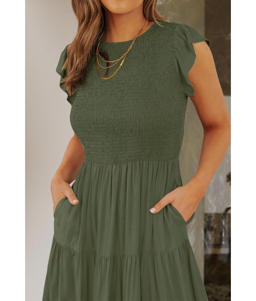 ZESICA Women's 2025 Summer Casual Flutter Short Sleeve Crew Neck Smocked Elastic Waist Tiered Midi Dress
