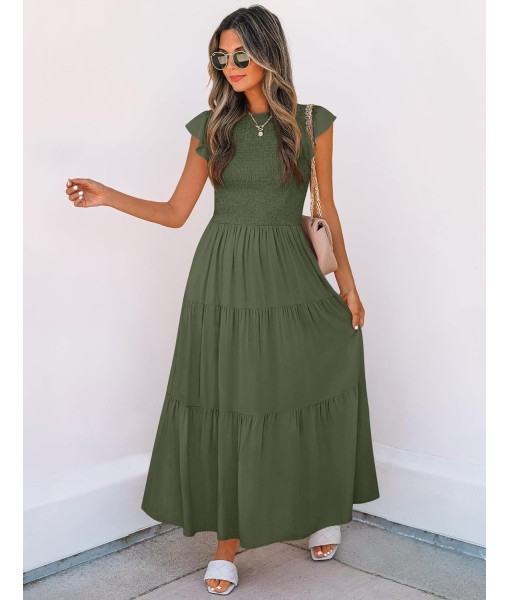ZESICA Women's 2025 Summer Casual Flutter Short Sleeve Crew Neck Smocked Elastic Waist Tiered Midi Dress