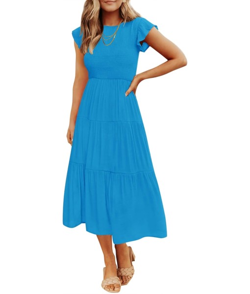 ZESICA Women's 2025 Summer Casual Flutter Short Sleeve Crew Neck Smocked Elastic Waist Tiered Midi Dress