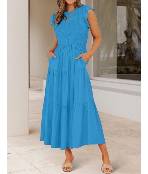 ZESICA Women's 2025 Summer Casual Flutter Short Sleeve Crew Neck Smocked Elastic Waist Tiered Midi Dress