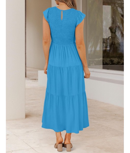ZESICA Women's 2025 Summer Casual Flutter Short Sleeve Crew Neck Smocked Elastic Waist Tiered Midi Dress