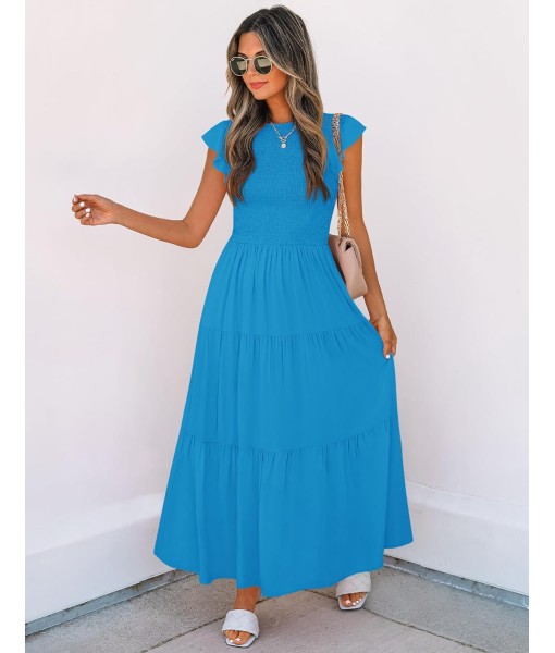ZESICA Women's 2025 Summer Casual Flutter Short Sleeve Crew Neck Smocked Elastic Waist Tiered Midi Dress