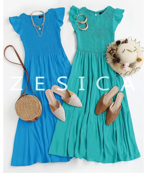 ZESICA Women's 2025 Summer Casual Flutter Short Sleeve Crew Neck Smocked Elastic Waist Tiered Midi Dress