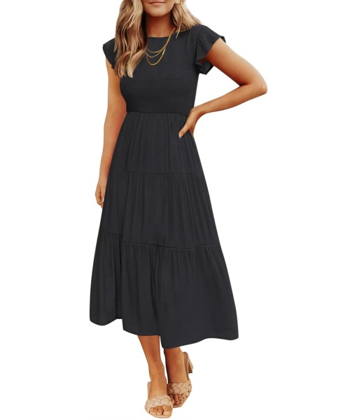 ZESICA Women's 2025 Summer Casual Flutter Short Sleeve Crew Neck Smocked Elastic Waist Tiered Midi Dress