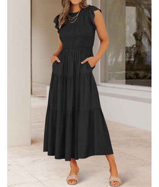 ZESICA Women's 2025 Summer Casual Flutter Short Sleeve Crew Neck Smocked Elastic Waist Tiered Midi Dress