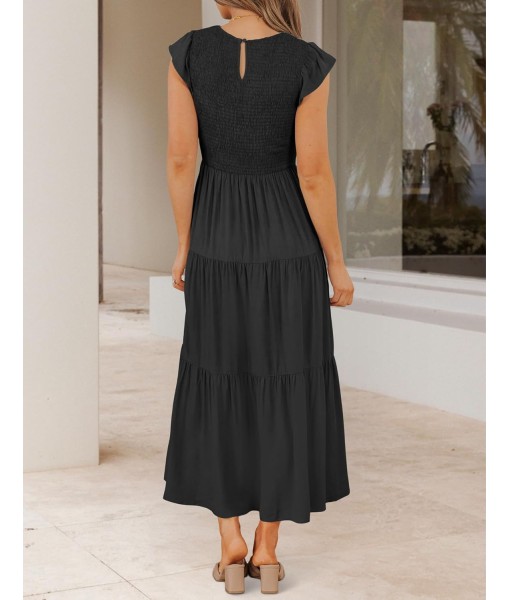 ZESICA Women's 2025 Summer Casual Flutter Short Sleeve Crew Neck Smocked Elastic Waist Tiered Midi Dress