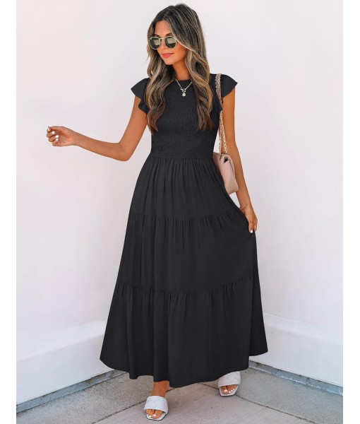 ZESICA Women's 2025 Summer Casual Flutter Short Sleeve Crew Neck Smocked Elastic Waist Tiered Midi Dress
