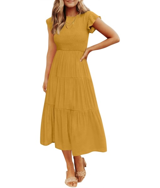 ZESICA Women's 2025 Summer Casual Flutter Short Sleeve Crew Neck Smocked Elastic Waist Tiered Midi Dress