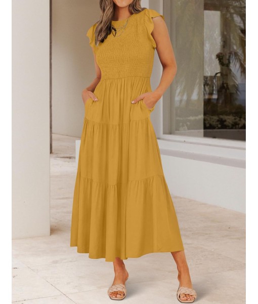 ZESICA Women's 2025 Summer Casual Flutter Short Sleeve Crew Neck Smocked Elastic Waist Tiered Midi Dress
