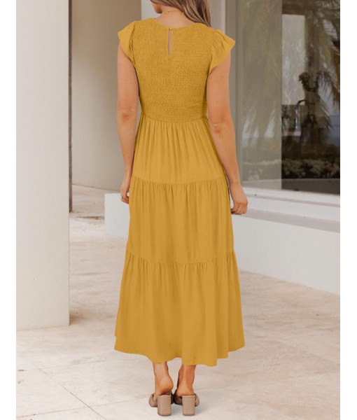 ZESICA Women's 2025 Summer Casual Flutter Short Sleeve Crew Neck Smocked Elastic Waist Tiered Midi Dress