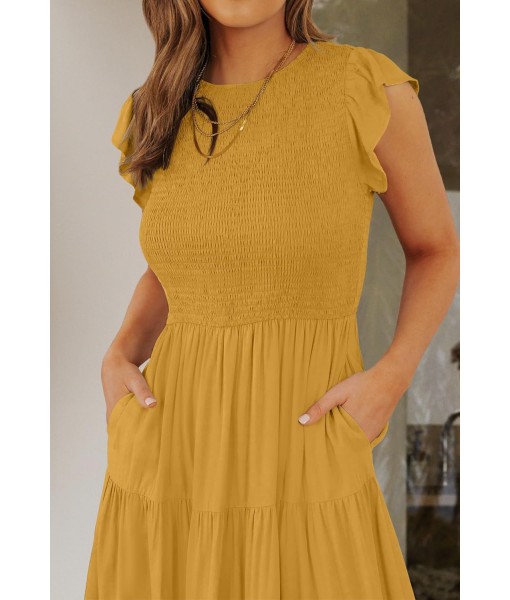 ZESICA Women's 2025 Summer Casual Flutter Short Sleeve Crew Neck Smocked Elastic Waist Tiered Midi Dress