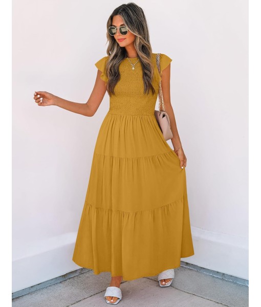 ZESICA Women's 2025 Summer Casual Flutter Short Sleeve Crew Neck Smocked Elastic Waist Tiered Midi Dress