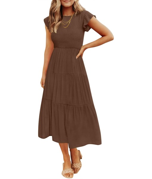 ZESICA Women's 2025 Summer Casual Flutter Short Sleeve Crew Neck Smocked Elastic Waist Tiered Midi Dress