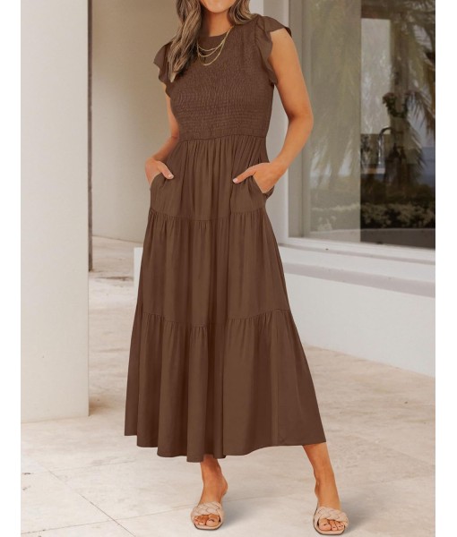 ZESICA Women's 2025 Summer Casual Flutter Short Sleeve Crew Neck Smocked Elastic Waist Tiered Midi Dress