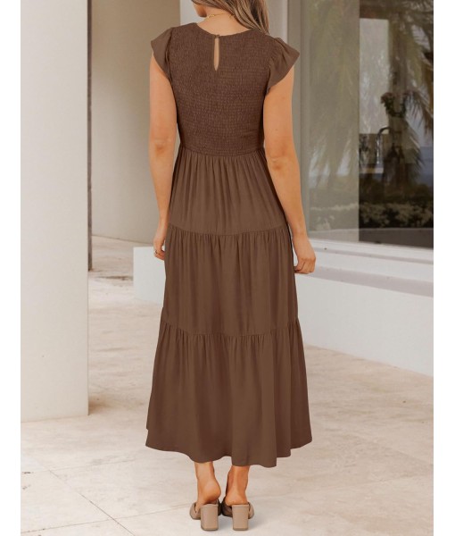 ZESICA Women's 2025 Summer Casual Flutter Short Sleeve Crew Neck Smocked Elastic Waist Tiered Midi Dress