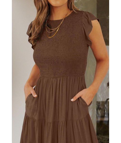 ZESICA Women's 2025 Summer Casual Flutter Short Sleeve Crew Neck Smocked Elastic Waist Tiered Midi Dress