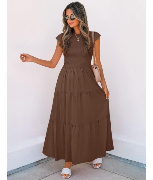 ZESICA Women's 2025 Summer Casual Flutter Short Sleeve Crew Neck Smocked Elastic Waist Tiered Midi Dress
