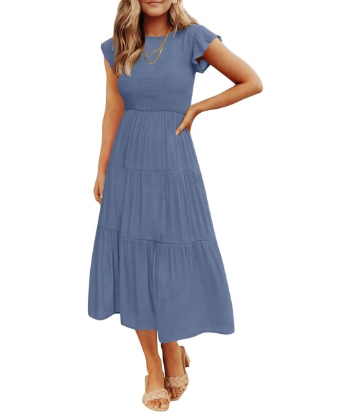 ZESICA Women's 2025 Summer Casual Flutter Short Sleeve Crew Neck Smocked Elastic Waist Tiered Midi Dress