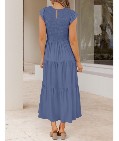 ZESICA Women's 2025 Summer Casual Flutter Short Sleeve Crew Neck Smocked Elastic Waist Tiered Midi Dress