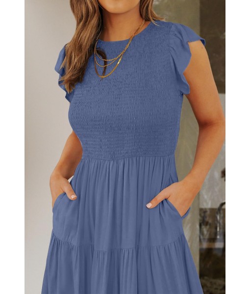 ZESICA Women's 2025 Summer Casual Flutter Short Sleeve Crew Neck Smocked Elastic Waist Tiered Midi Dress