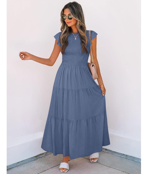ZESICA Women's 2025 Summer Casual Flutter Short Sleeve Crew Neck Smocked Elastic Waist Tiered Midi Dress