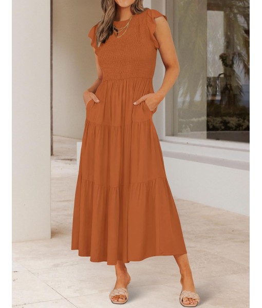 ZESICA Women's 2025 Summer Casual Flutter Short Sleeve Crew Neck Smocked Elastic Waist Tiered Midi Dress