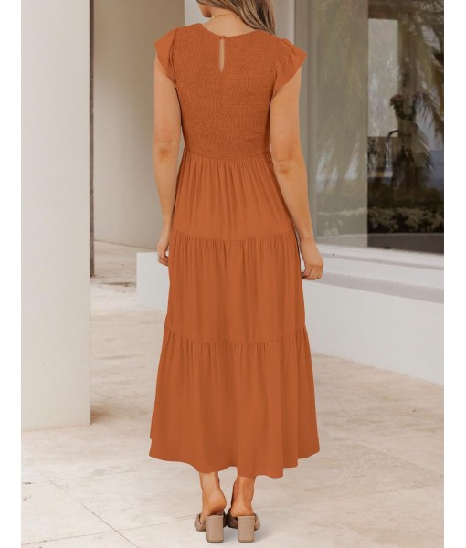 ZESICA Women's 2025 Summer Casual Flutter Short Sleeve Crew Neck Smocked Elastic Waist Tiered Midi Dress