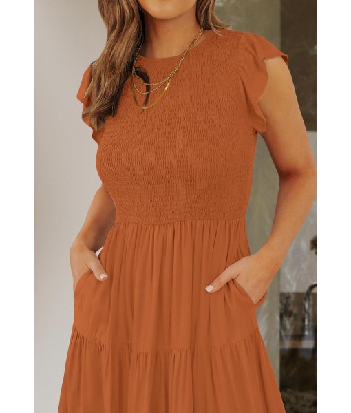 ZESICA Women's 2025 Summer Casual Flutter Short Sleeve Crew Neck Smocked Elastic Waist Tiered Midi Dress